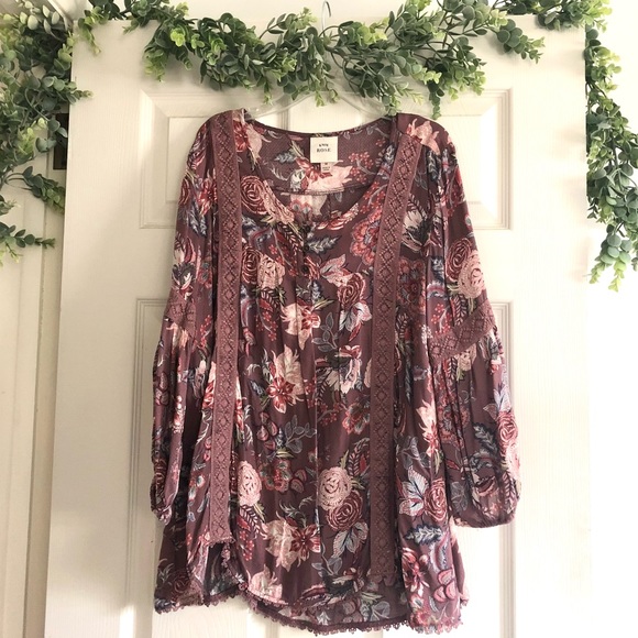 Knox Rose Tops - Mauve Purple Floral Long Sleeve Top